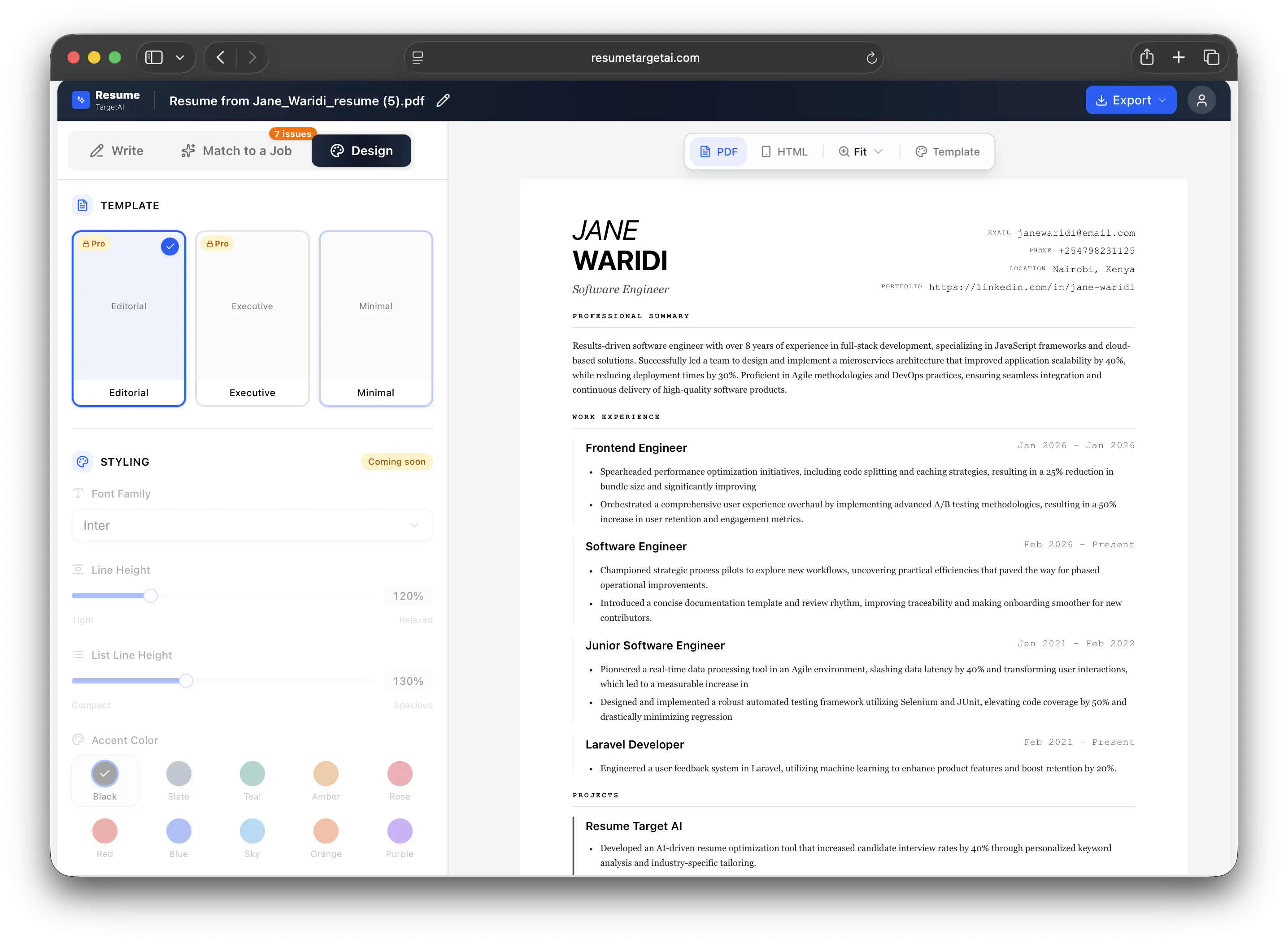 Style resume and download as PDF or Word